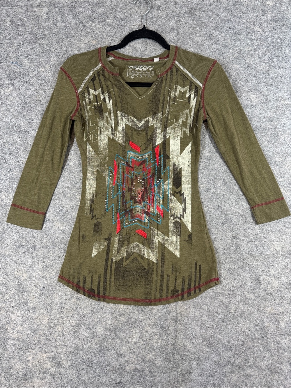 Panhandle Slim Olive V Neck Shirt Small Studded Boho Cowgirl Western Festival